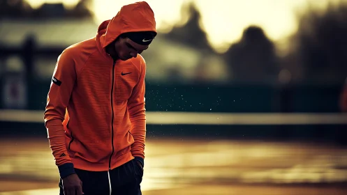 Hooded tennis player in sunset-lit court solitude.