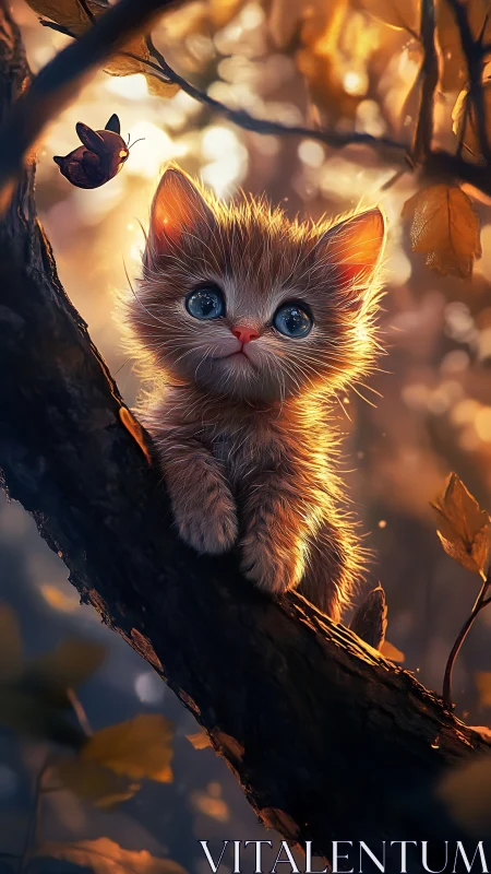 Golden-Hued Kitten Perched on Twilight Branch.
