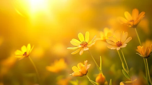 Golden wildflowers glowing in soft backlit sunrise field.