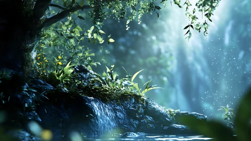 Enchanted Forest Stream With Cascading Sunlight and Moss.