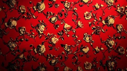 Ornate metallic rose brocade pattern on vivid crimson ground.