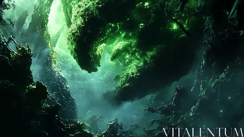 Bioluminescent alien cavern with dense emerald fungal overgrowth