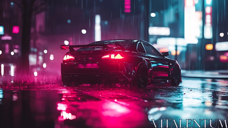 Tuned sports car glows under neon rain on slick city street