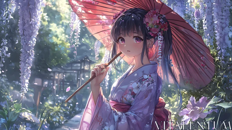 Kimono girl stands beneath wisteria with a pink umbrella.