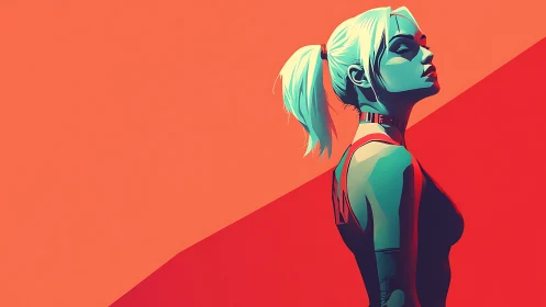 Neon cyan portrait contrasts bold orange diagonal backdrop.