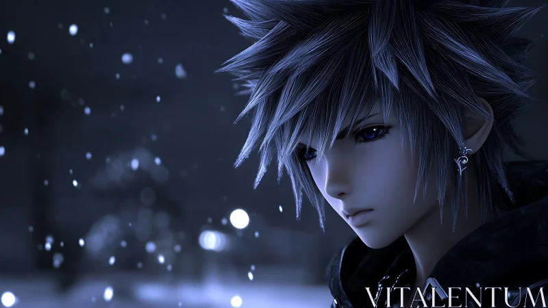 Brooding anime boy in quiet snowy night portrait.