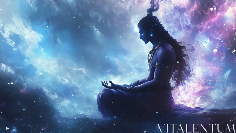 Silhouetted figure in meditative pose amid cosmic nebula.