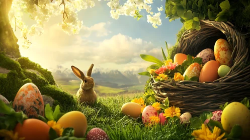 Rabbit sits beside wicker basket filled with Easter eggs