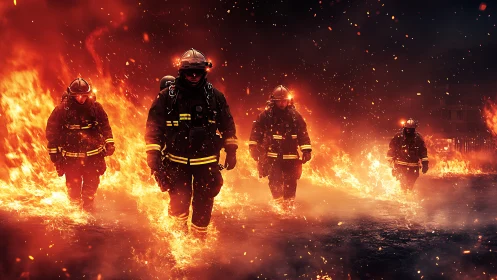 Firefighters advancing through massive wildfire engulfment. Thermal intensity.