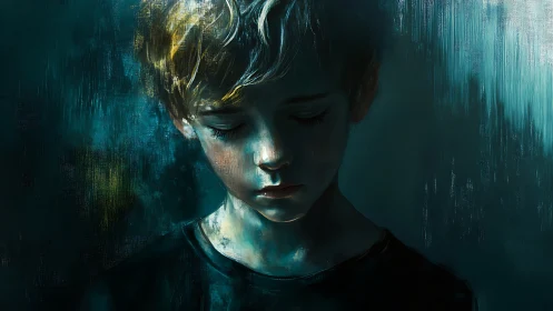 Solitary young boy in dim blue light, head lowered in shadow.