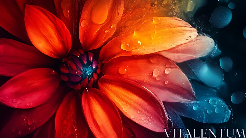 Radiant dahlia petals glisten with water droplets in warm light