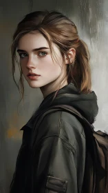 Young woman in green jacket with backpack, side portrait.