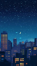 Night city skyline shows illuminated towers and star field