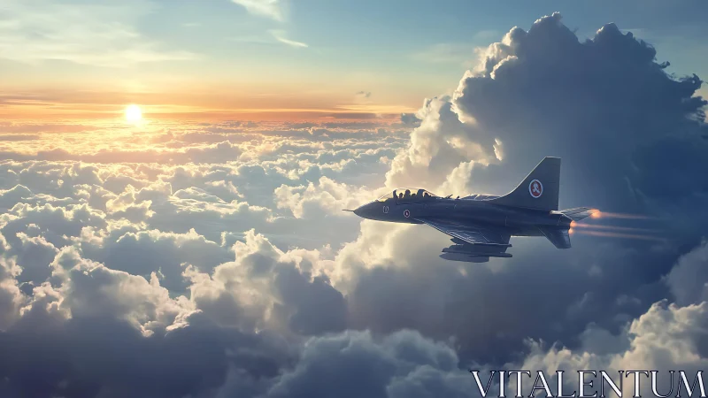 Military jet aircraft traverses dense cloudscape at sunset