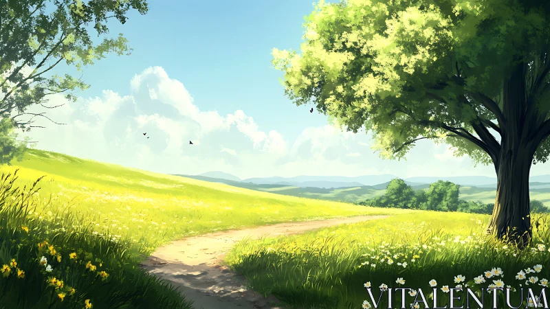 Sunlit hillside path under broadleaf tree in pastoral valley