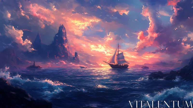 Sailing ship crosses vivid sunset sea beside sharp cliffs.