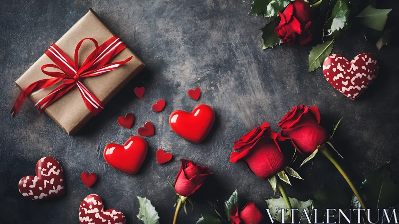Still Life Composition with Wrapped Gift, Red Roses, and Decorative Heart Elements