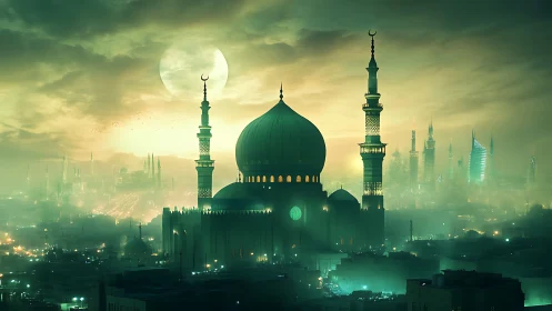 Green domed mosque at dusk within futuristic skyline.