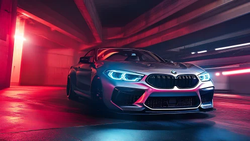 Sleek BMW sports car glowing in neon city garage light.