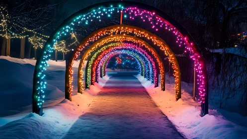 Multicolor LED arch corridor illuminating nocturnal winter path.