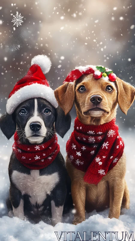 Photorealistic holiday portrait of two dogs in snowfall.
