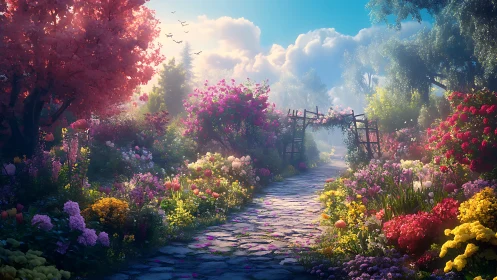 Flower lined stone path in bright colorful garden scene.