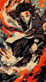 Flame-charged swordsman tears forward through molten wind