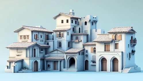 Mediterranean Villa Complex: Layered Blue and Cream Architecture in 3D