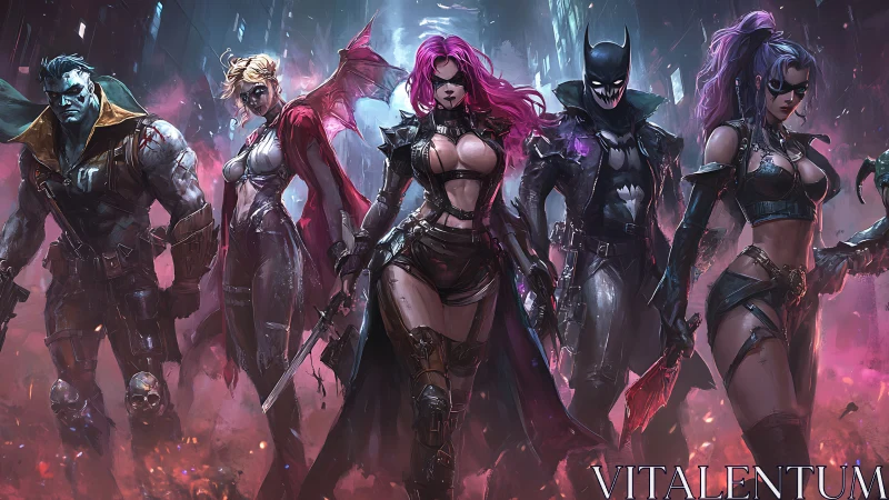 Cyberpunk vigilante squad in neon dystopian alleyway composition.