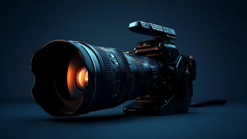 Professional digital camera with large lens on dark background.