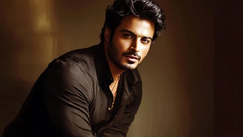 Studio portrait uses directional warm lighting on male subject