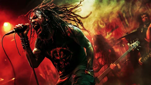 Powerful rock singer pouring raw energy into the crowd.