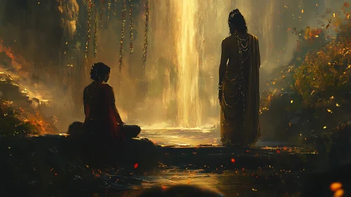 Two robed figures at luminous waterfall in twilight forest