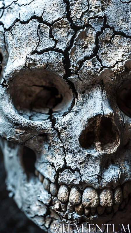 Cracked stone skull with weathered, timeworn expression.