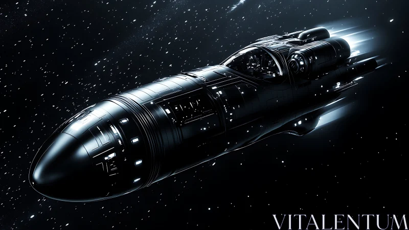 Sleek black starship streaks through a luminous starfield.