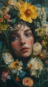 Portrait entwined with lush florals in expressive oils.