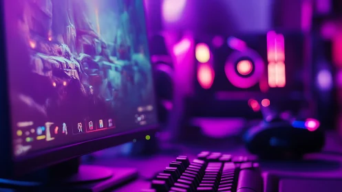 Photoreal gaming battlestation with neon bokeh lighting.