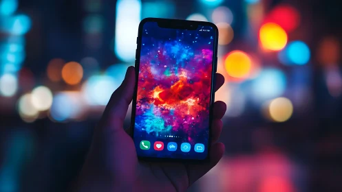 Hand holding smartphone with vivid nebula wallpaper at night.