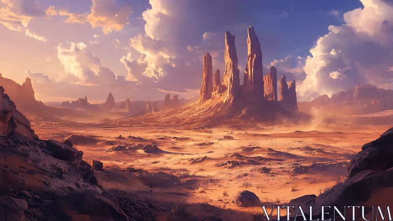 Digital painting of monumental desert spires at sunset.