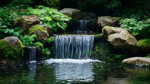 Tranquil garden waterfall with lush greenery and natural rocks.