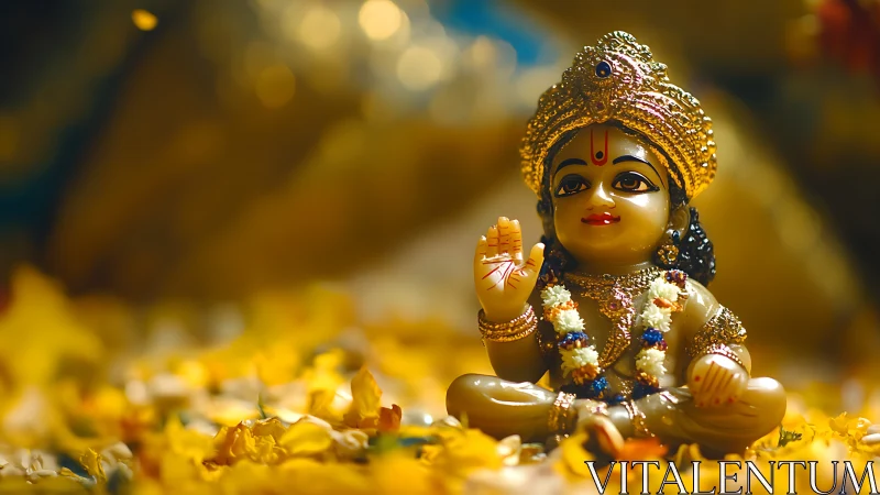 Golden deity figurine blesses amid warm flower petals