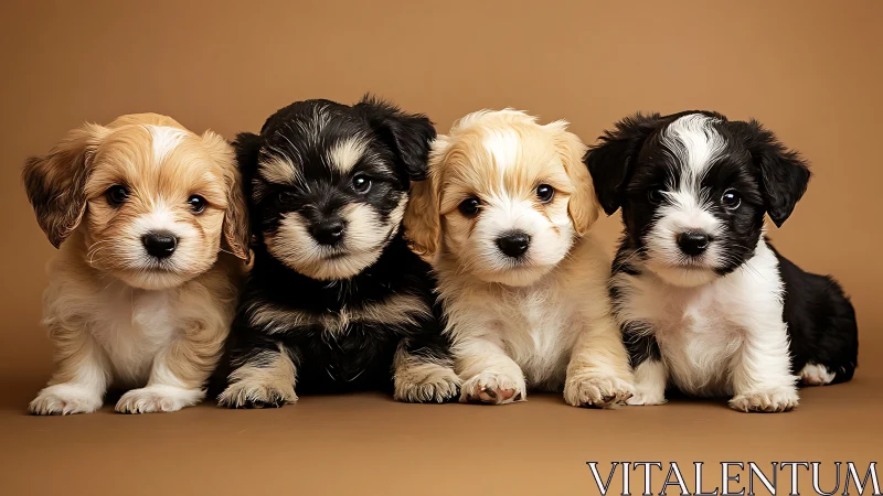 Symmetrical studio portrait shows four multicolored puppies aligned
