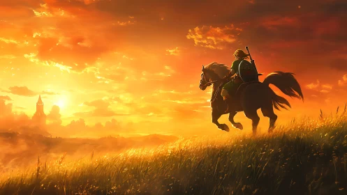 Armored rider on horseback crosses golden sunset field.