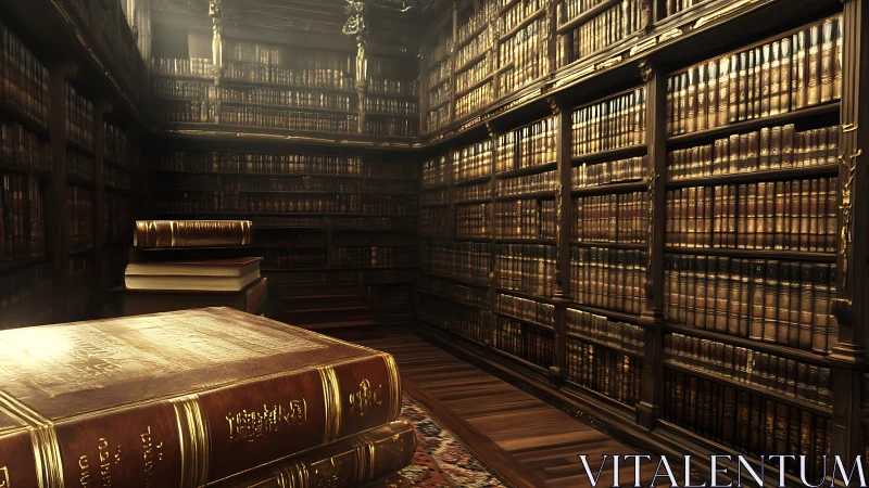 Photorealistic antique library with gilded leather tomes.