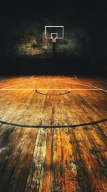 Single basketball hoop dominates moody, low-key indoor court