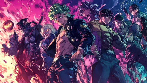 Dynamic anime ensemble under split neon inferno sky panorama.