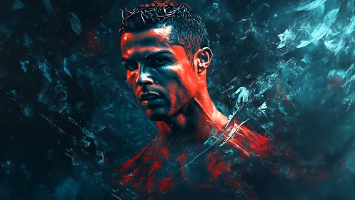 Intense football portrait in neon red and cyan stormscape.