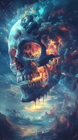 Cosmic burning skull above apocalyptic fantasy seascape.