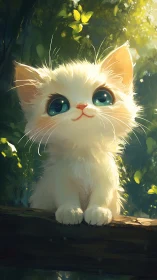 Luminescent Feline with Heterochromatic Eyes Amid Botanical Foliage.