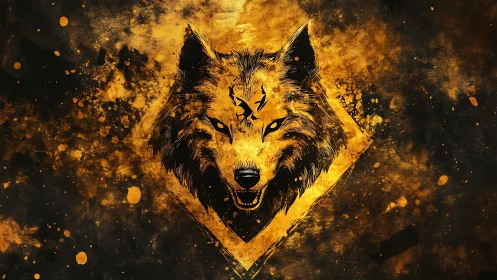 Fierce golden wolf head over abstract ink splatter field.